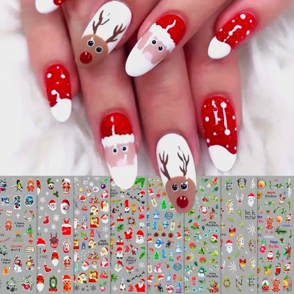 8 Sheets Christmas Santa Reindeer Snow Bears Nail Art Stickers - Self Adhesive